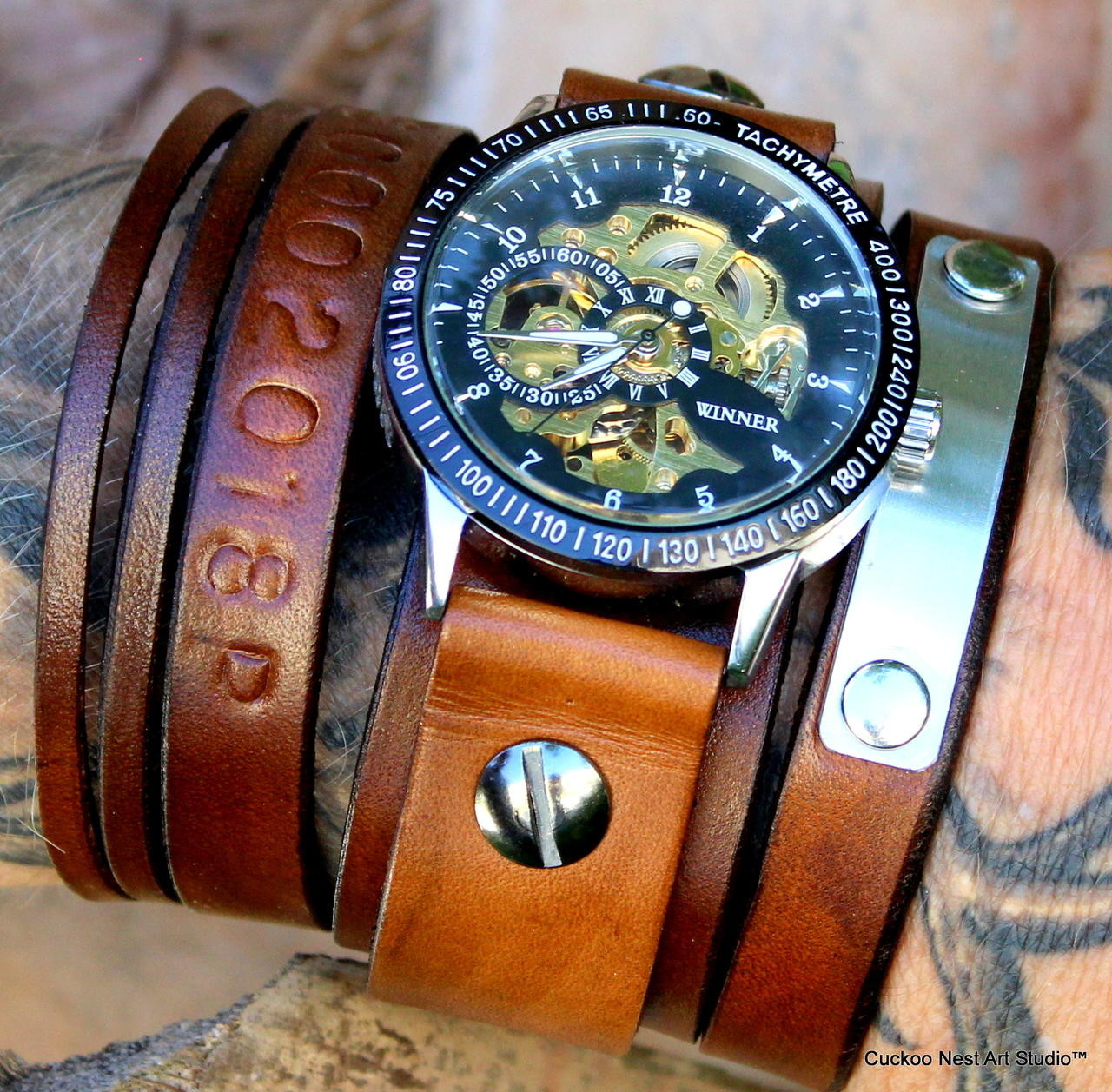 Steampunk Leather Watch with Brown Cuff