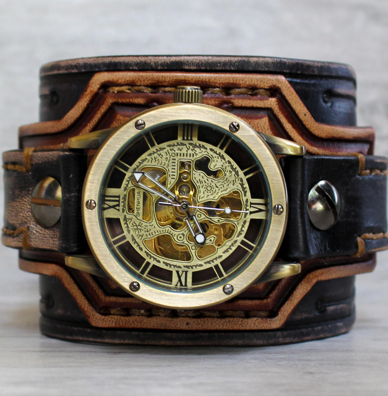 Steampunk Leather Cuff Watch in Aged Brown