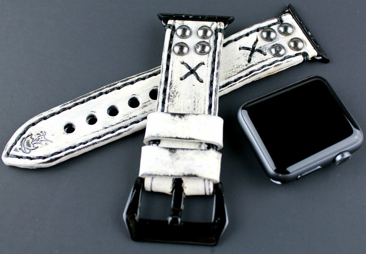 Rivetted Distressed White Leather Apple Watch Band