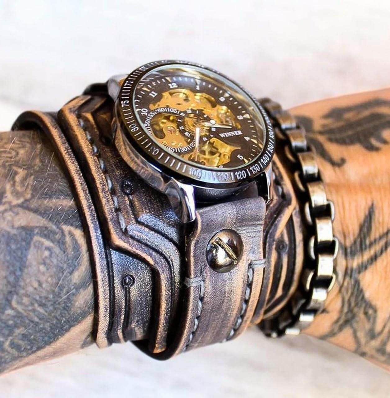 Gray Wide Band Leather Watch Steampunk Cuff Handmade USA