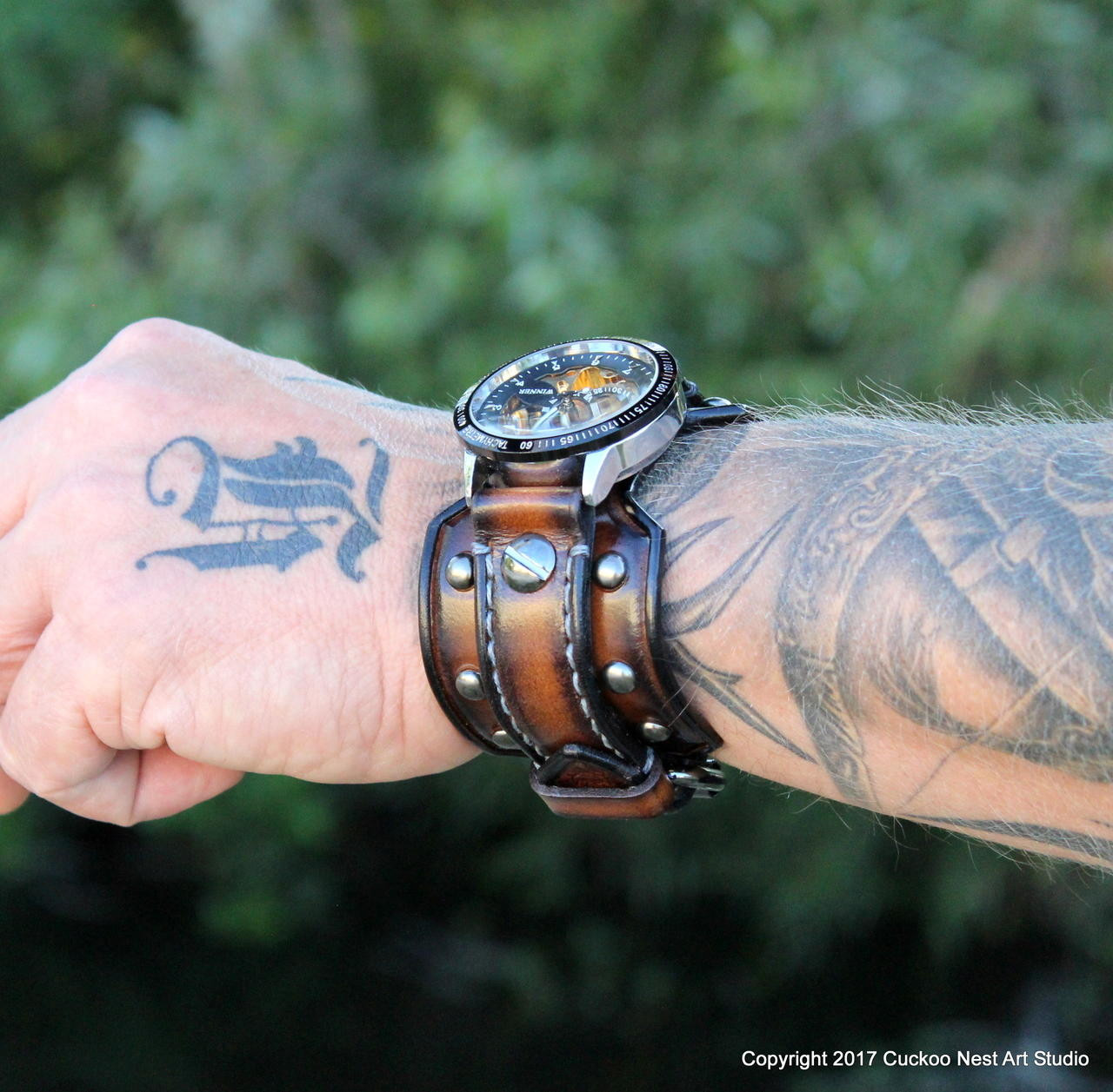 Black leather cuff with White and Silver Mechanical Steampunk watch