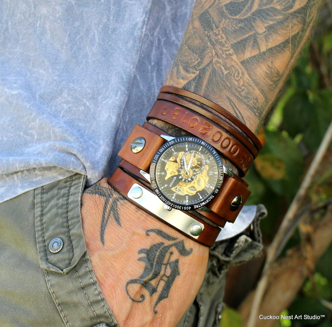 Vintage Brown Personalizable Steampunk Leather Cuff Watch
