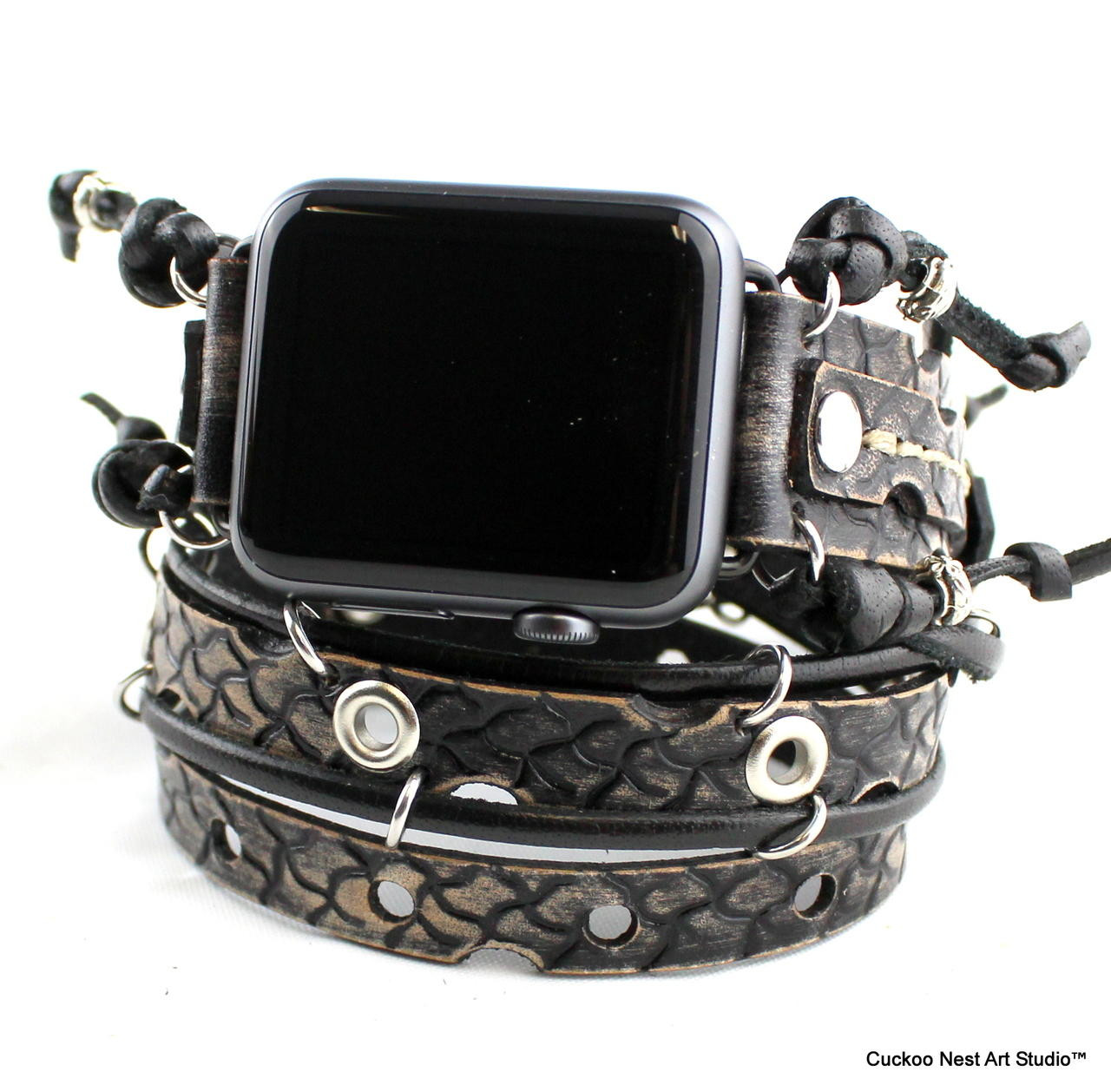 Hand tooled Leather Watch Strap for Apple Watch with Cross Charm