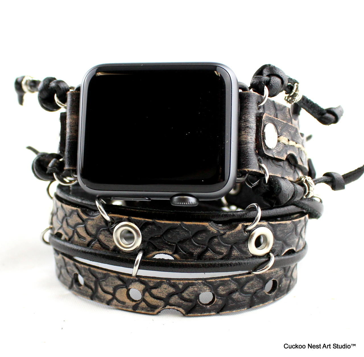 Hand tooled Leather Watch Strap for Apple Watch with Cross Charm