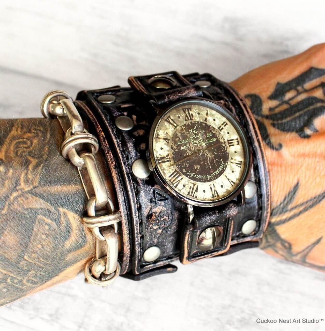 Jewelry Watches Hand Tooled Leather Watch Band Leather Cuff Watch