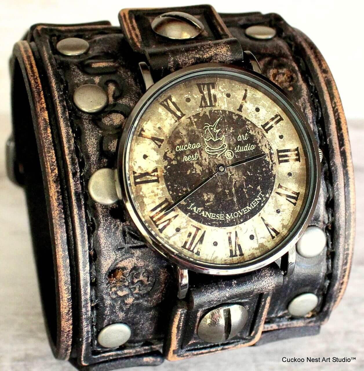Leather Cuff Watch for Men Vintage Dial Distressed Black Band
