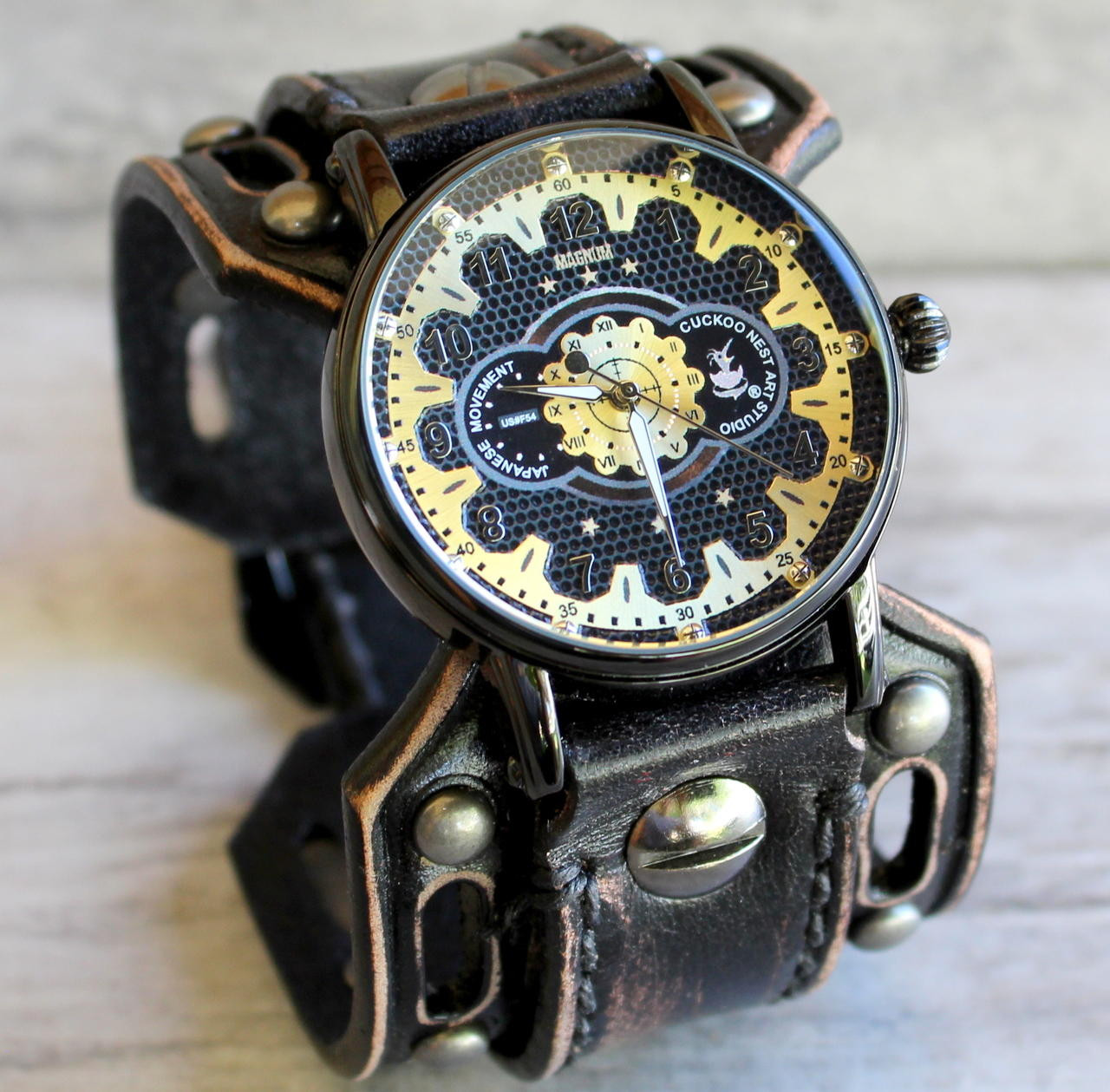 Bund band Distressed leather cuff watch band Military Steampunk strap Black  men | eBay