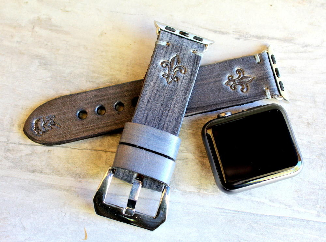 Fleur de lis leather apple watch band Gray