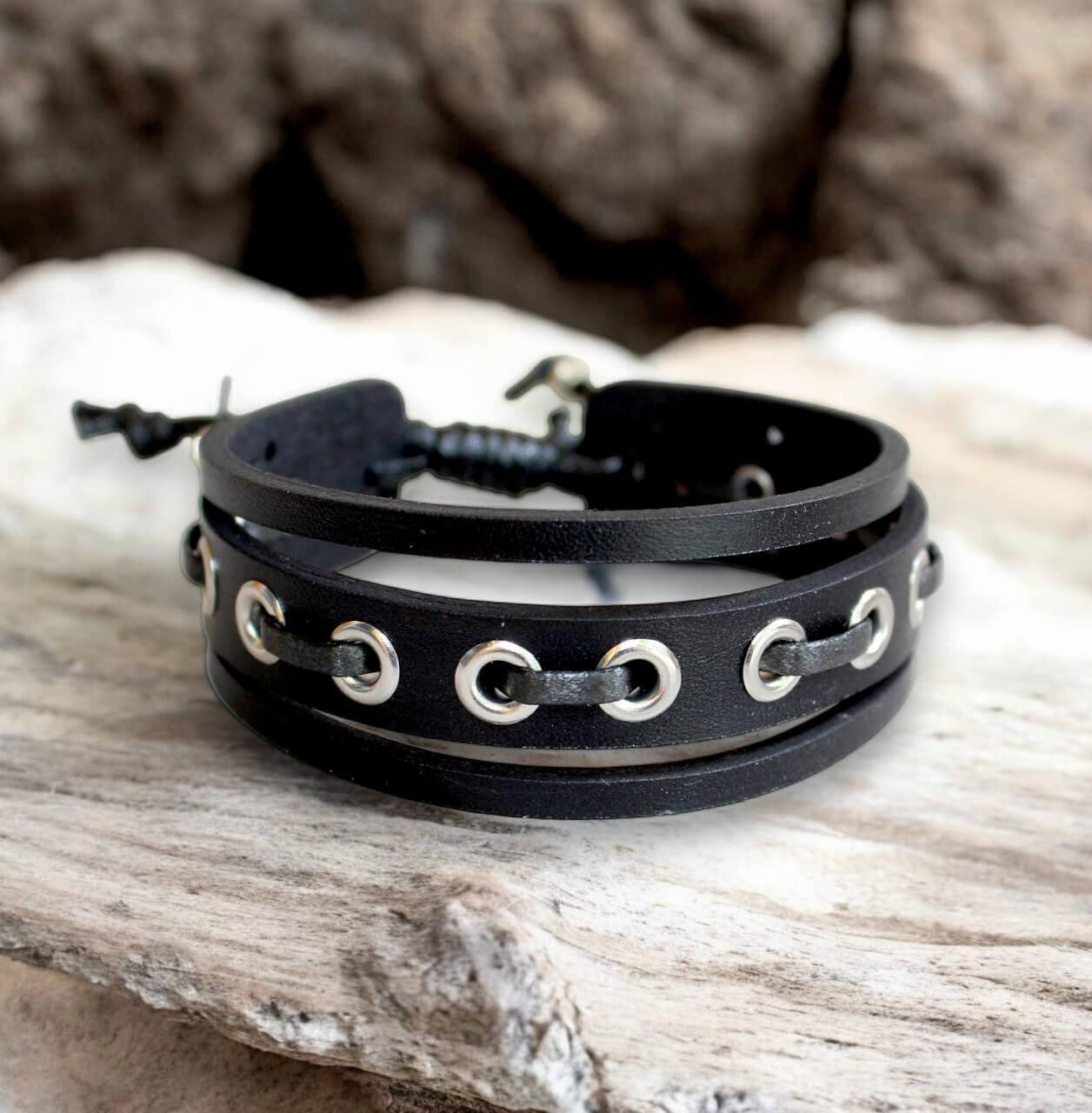 Rock Punk Men's Braided Studded Black Leather Wide Cuff Bracelet – Wristband Bangle