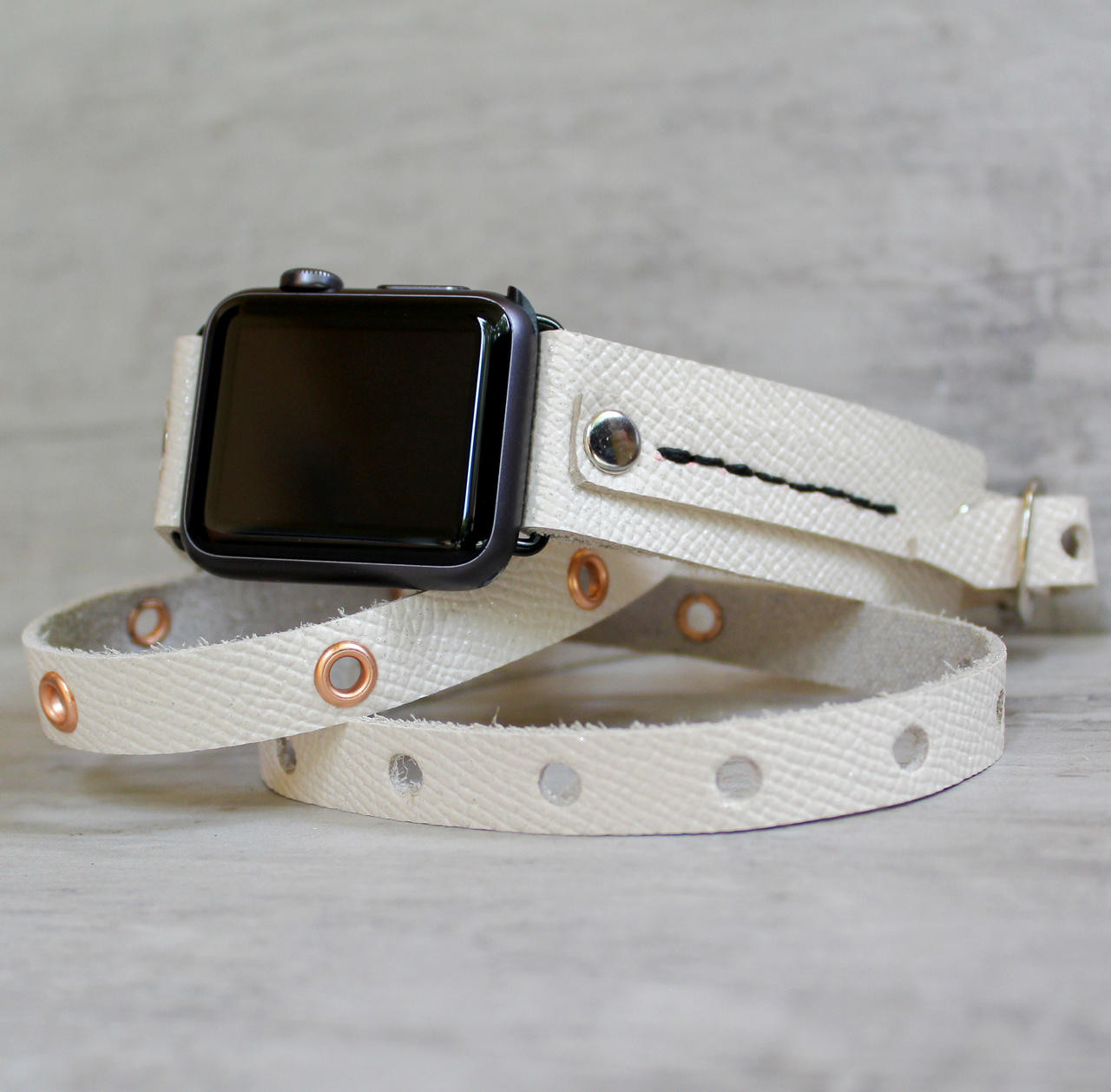 White vegan leather apple band with rose gold