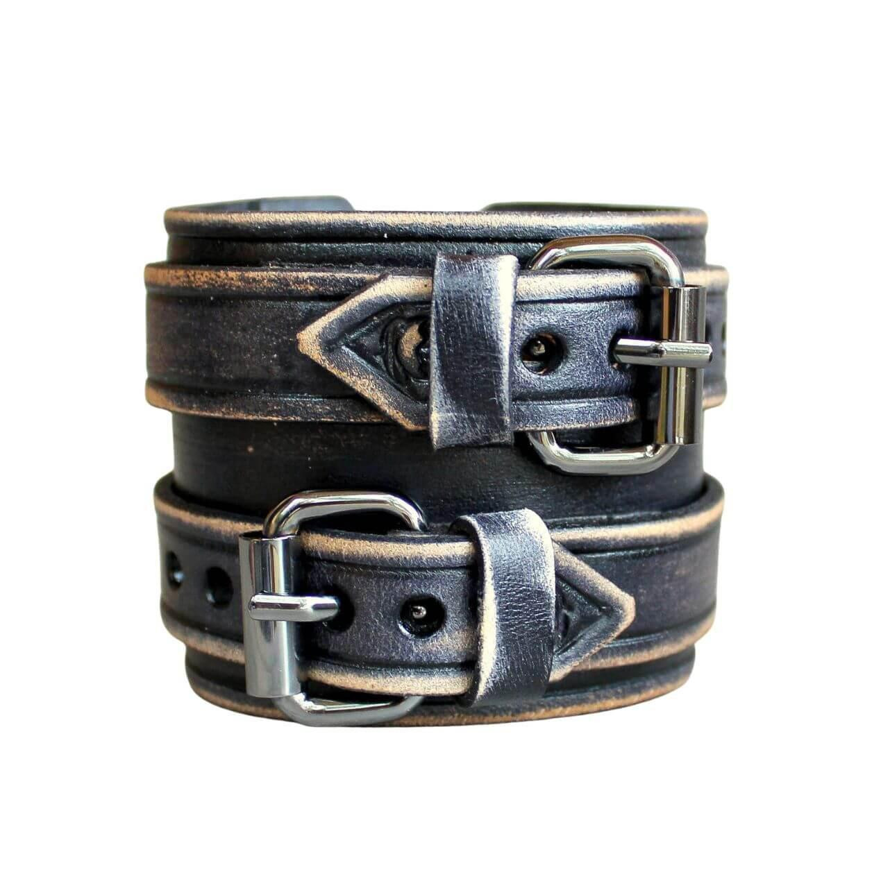 Handmade Black Leather Cuff Wristband Bracelet – Double Buckle, Adjustable For Men