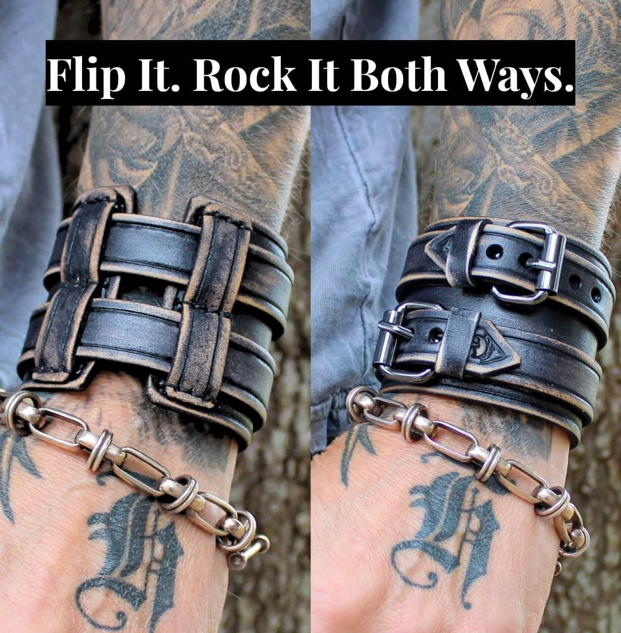 Leather Bracelet for Men – Handmade, Engraved, Wide Double Buckle Cuff