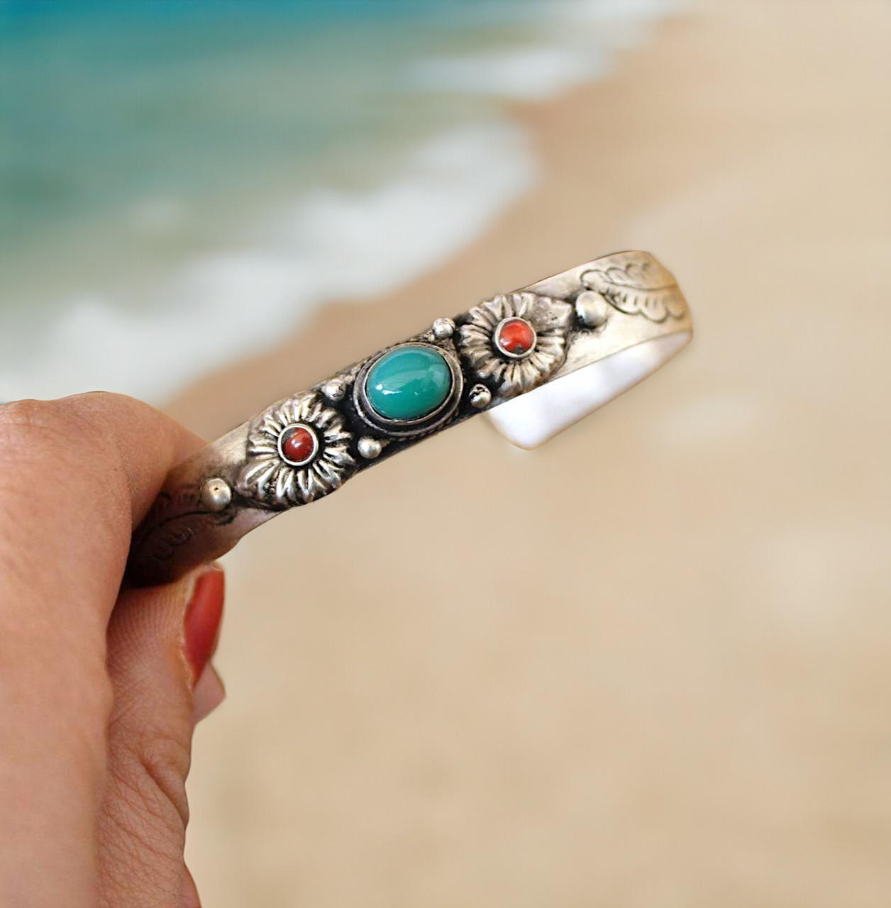 Turquoise Flower Carved Bangle | Antique Styled Silver Cuff Bracelet