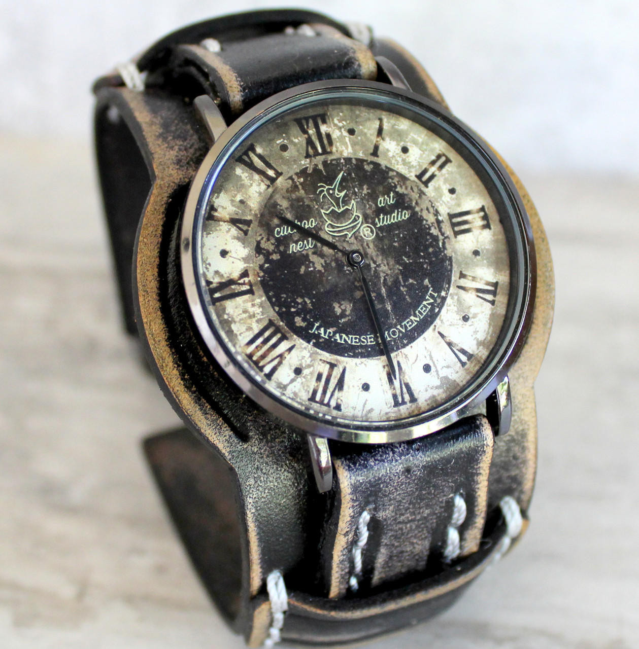 Distressed Black Full Grain Leather Watch Cuff