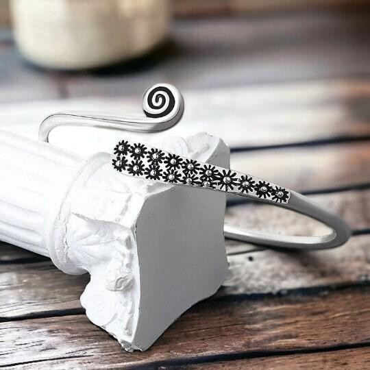 Floral Silver Bangle with Spiral Design