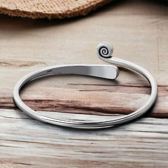 Floral Silver Bangle with Spiral Design