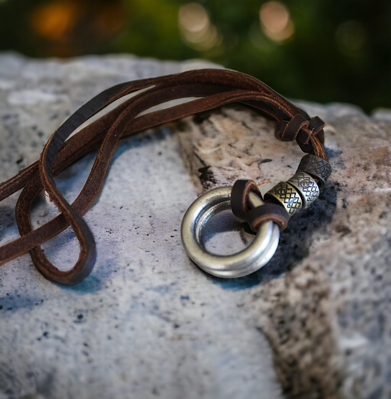 Men's Double Ring Pendant Necklace with Adjustable Leather Cord