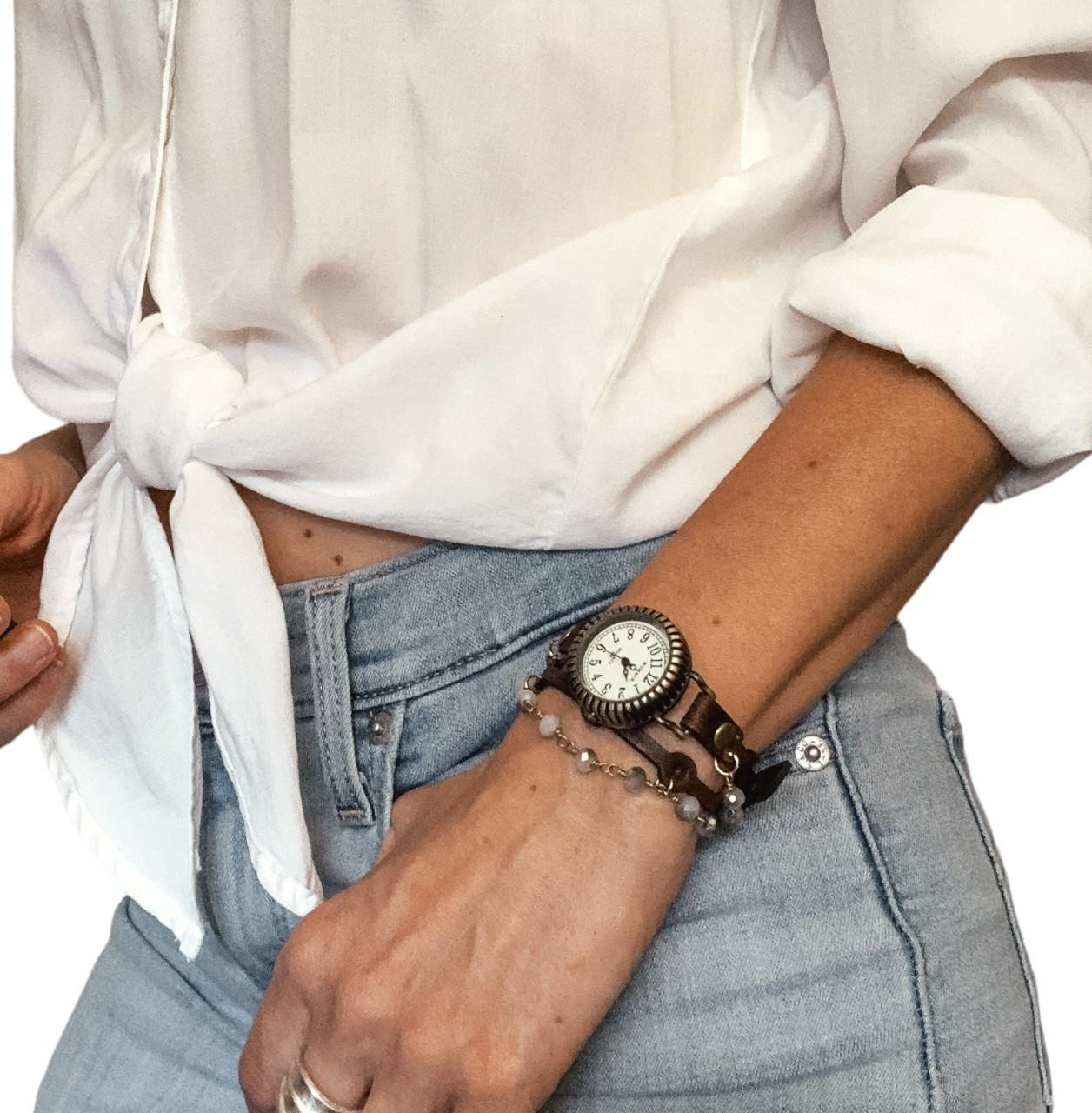Antique Anthropologie Brown Leather Wrap Watch with Leaf Charm and Bead Accents Vintage Leather Wrap Watch for Women - Full Grain Distressed  main image 2