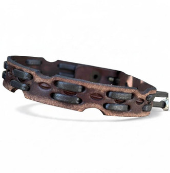 Handmade distressed brown leather bracelet featuring black lacing, decorative cutouts, shaped edges, and metal buckle closure.