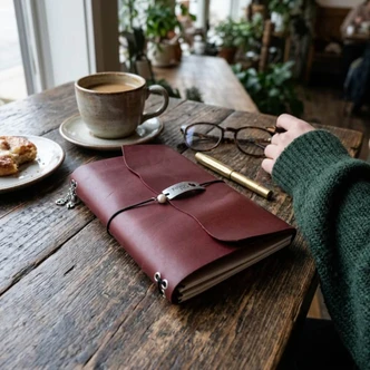 Burgundy refillable leather writing journal on a rustic wooden café table beside coffee, glasses, and a pen