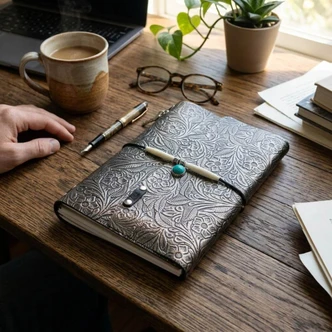 Metallic floral leather journal with turquoise-colored charm on a wooden writing desk beside coffee, glasses, and a pen.
