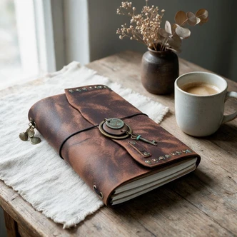 Distressed brown refillable leather journal with vintage key charm and antique brass details on a rustic wooden table beside coffee.