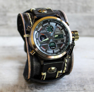 Men's Digital Black Leather Watch|Vintage|2"wide