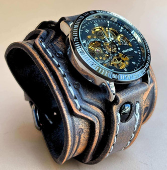 Wide Band  Leather Watch Cuff in Gray
