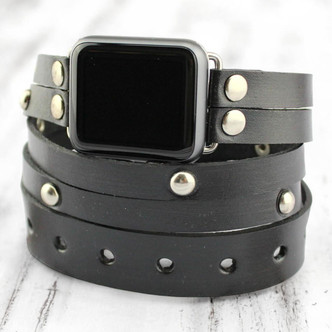 Black apple watch band with silver studs, leather wrap band for men.