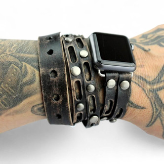 Handmade apple watch wrap band for men in vintage brown leather, triple wrap bracelet style shown on wrist.