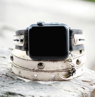 Black and White leather apple watch band with moon charm