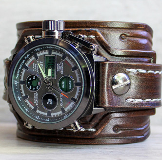 Brown Leather Watch cuff with Digital Watch