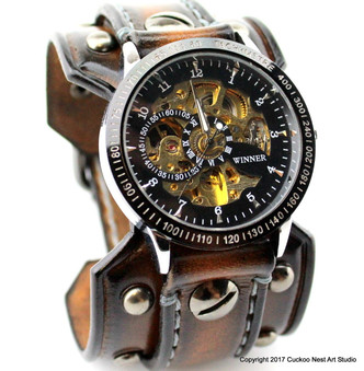 STEAMPUNK RIVETED LEATHER CUFF WATCH IN AGED BROWN COLOR