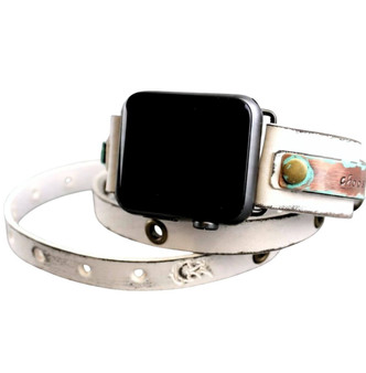 Personalized white Apple Watch strap with distressed leather finish and customizable metal tags for short words or names.