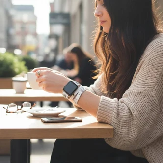 Woman wearing a distressed white leather Apple Watch wrap band while enjoying coffee at a café.