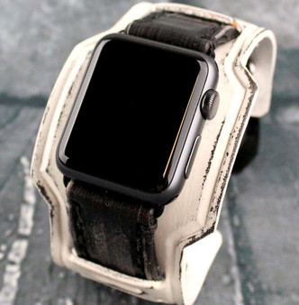 White and Black Leather Apple Watch Cuff