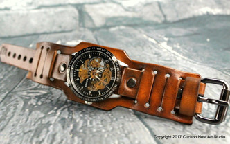 Steampunk Leather Watch Cuff in Aged Brown-Throttle2