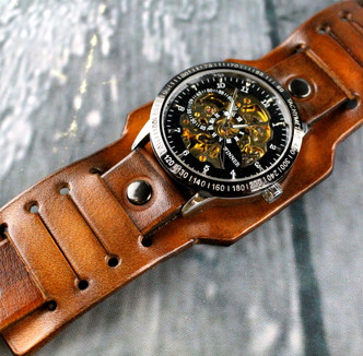 Steampunk Leather Watch Cuff in Aged Brown-Throttle2