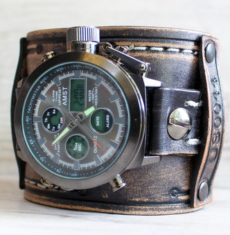 Wide Leather Cuff with Digital Watch-US00044