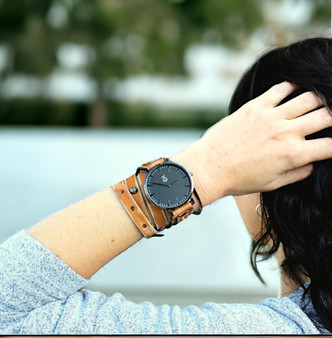 Women's Leather Watch with Brown Studded Leather Band