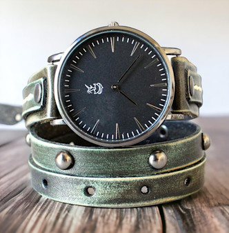 Women's Leather Watch with Green Wrap Band and Black Dial