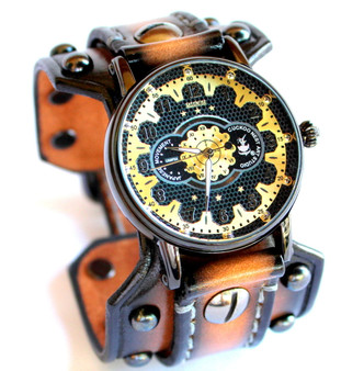 Men's leather cuff with gold steampunk watch