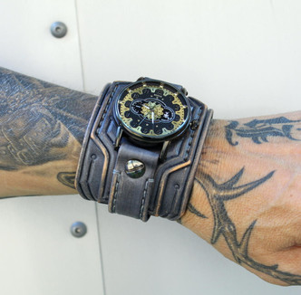 Gray Leather watch cuff with Gold watch 