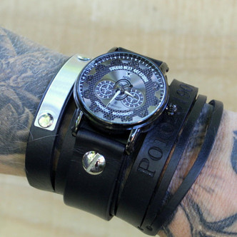 Personalized Wide Black Leather Watch with metal tag