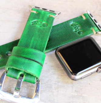Green Leather apple watch band with turtle stamp