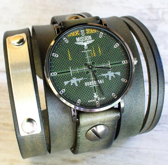 Military Green wide leather watch|Personalized Army Gift