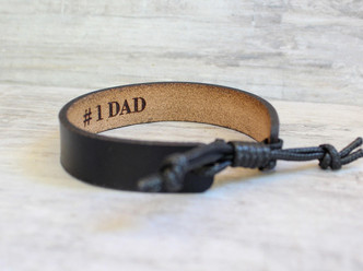 Black leather bracelet with adjustable cord|Personalized 