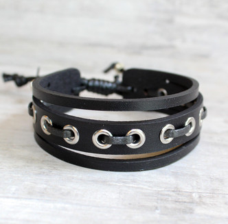 Punk Rock Leather Bracelet|Black and Silver
