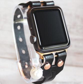 Black leather apple watch strap with musical note stamp and pearl charm