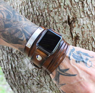 Brown leather apple band with aluminum and personalization option. 